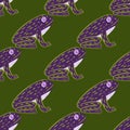 Abstract seamless doodle pattern with zoo marine purple frog silhouettes artwork. Green background