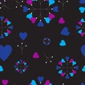 Abstract seamless floral pattern with of red roses and pink and blue freesia on black background.. Royalty Free Stock Photo