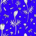 Abstract seamless floral pattern with tulips, leaves and herbs. Hand drawn black and white flowers on blue background Royalty Free Stock Photo