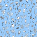 Abstract seamless floral pattern with tulips, leaves and herbs. Hand drawn black and white flowers on light blue Royalty Free Stock Photo