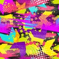 Abstract seamless geometric pattern with geometric shapes, dots, colorful spray paint ink. Grunge urban pattern.