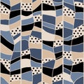 Abstract seamless geometric pattern of irregular geometrical shapes of earth colors, polka dot and leaves texture imitation,