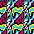 Abstract seamless geometric pattern with urban elements, scuffed, drops, sprays, triangles, neon spray paint.