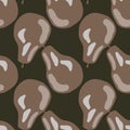 Abstract seamless pale pattern with beige pear silhouettes. Brown dark background