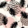 Abstract seamless pattern with animal print, tropical plants and geometric shapes. Royalty Free Stock Photo