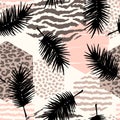 Abstract seamless pattern with animal print, tropical plants and geometric shapes. Royalty Free Stock Photo