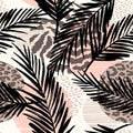 Abstract seamless pattern with animal print, tropical plants and geometric shapes. Royalty Free Stock Photo