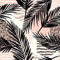 Abstract seamless pattern with animal print, tropical plants and geometric shapes. Royalty Free Stock Photo