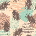 Abstract seamless pattern with animal print, tropical plants and geometric shapes. Royalty Free Stock Photo