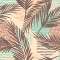 Abstract seamless pattern with animal print, tropical plants and geometric shapes. Royalty Free Stock Photo