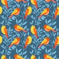 Abstract seamless pattern with birds and blooming flowers and leaves.natural illustration with flowers background Royalty Free Stock Photo