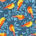 Abstract seamless pattern with birds and blooming flowers and leaves.natural illustration with flowers background Royalty Free Stock Photo