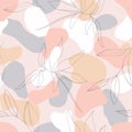 Abstract seamless pattern with botanical lines leaves in pastel color background. For fabric, textile, greeting card template,