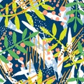 Abstract seamless pattern with branches of exotic plant and chaotic abstract stains. Backdrop with leaves and berries