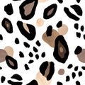 Abstract leopard or cheetah coat print. Artistic animal skin seamless pattern on white background. Brown and black spots Royalty Free Stock Photo