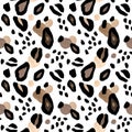 Abstract leopard or cheetah coat print. Artistic animal skin seamless pattern on white background. Brown and black spots Royalty Free Stock Photo