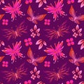 Abstract seamless pattern with butterflies, flowers and leaves