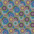 Abstract seamless pattern with chaotic hexagon. Repeated backdrop with colourful elements. Vector illustration