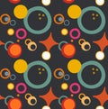 Abstract seamless pattern with circles, stars and dots in cartoon style. Vector isolated on black. Funky bubbles in comic 70s, 80s Royalty Free Stock Photo