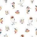 Abstract seamless pattern with colorful fishes, jellyfishes on white background Royalty Free Stock Photo