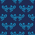 Colorful navy blue abstract damask seamless pattern of curls in retro style.