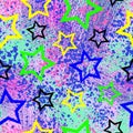 Abstract seamless pattern with colorful paint splashes and stars. Neon acid background for teenagers and youth.