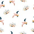 Abstract seamless pattern with colorful seagulls and suns Royalty Free Stock Photo