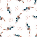 Abstract seamless pattern with colorful toucans and abstract shapes