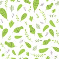 Abstract seamless pattern with cute green leaves. Hand drawn texture Green nature background. Vector template. Royalty Free Stock Photo