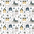 Abstract seamless pattern with cute houses, trees and road.