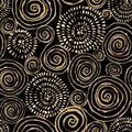 Abstract seamless pattern with 3d golden glittering acrylic paint round spiral circles on black background Royalty Free Stock Photo