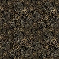 Abstract seamless pattern with 3d golden glittering acrylic paint round spiral circles on black background Royalty Free Stock Photo