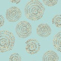 Abstract seamless pattern with 3d golden glittering acrylic paint round spiral circles on pastel green background Royalty Free Stock Photo