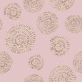 Abstract seamless pattern with 3d golden glittering acrylic paint round spiral circles on pink background Royalty Free Stock Photo