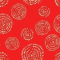 Abstract seamless pattern with 3d golden glittering acrylic paint round spiral circles on red background Royalty Free Stock Photo