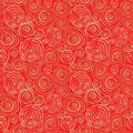 Abstract seamless pattern with 3d golden glittering acrylic paint round spiral circles on red background Royalty Free Stock Photo