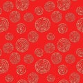 Abstract seamless pattern with 3d golden glittering acrylic paint round spiral circles on red background Royalty Free Stock Photo