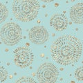 Abstract seamless pattern with 3d golden glittering acrylic spiral circles and polka dot on mint color background Royalty Free Stock Photo