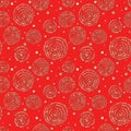 Abstract seamless pattern with 3d golden glittering acrylic spiral circles and polka dot on red color background Royalty Free Stock Photo