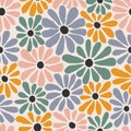 Abstract Seamless Pattern with Daisy Flowers. Trippy Floral Backgound in Retro Style of 1970. Vector Flower Power Summer Royalty Free Stock Photo