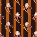 Abstract seamless pattern with decorative iris flower silhouettes. Brown and orange striped background Royalty Free Stock Photo