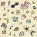 Abstract seamless pattern with doodle: glasses, cassette, rainbow, mushrooms, flowers, lips, cactus, camera, rose