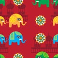 Abstract seamless pattern of elephant and cub temple silhouette on red background. Vector image Royalty Free Stock Photo