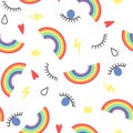 Abstract seamless pattern with eyes, drops and rainbows.