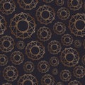 Abstract seamless pattern with geometric shapes of various size drawn with golden contour lines on black background