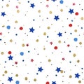 Seamless Pattern -	 Gold, Red and Blue Watercolor Polka Dots and stars on white background Seamless Pattern Royalty Free Stock Photo