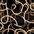 Abstract seamless pattern with golden chains, belts and leopard skin. Royalty Free Stock Photo