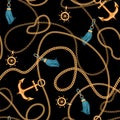 Abstract seamless pattern with golden chains, tassels, ship wheel and anchor. Royalty Free Stock Photo