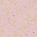 Abstract seamless pattern with golden glittering acrylic paint round spiral circles on pastel pink background Royalty Free Stock Photo