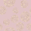 Abstract seamless pattern with golden glittering acrylic paint round spiral circles on pink background Royalty Free Stock Photo